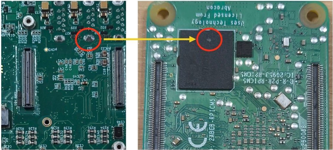 Left: the USB-A port mechanical retention pin on the Systemcore mainboard. Right: the matching witness mark on the CM5 eMMC.